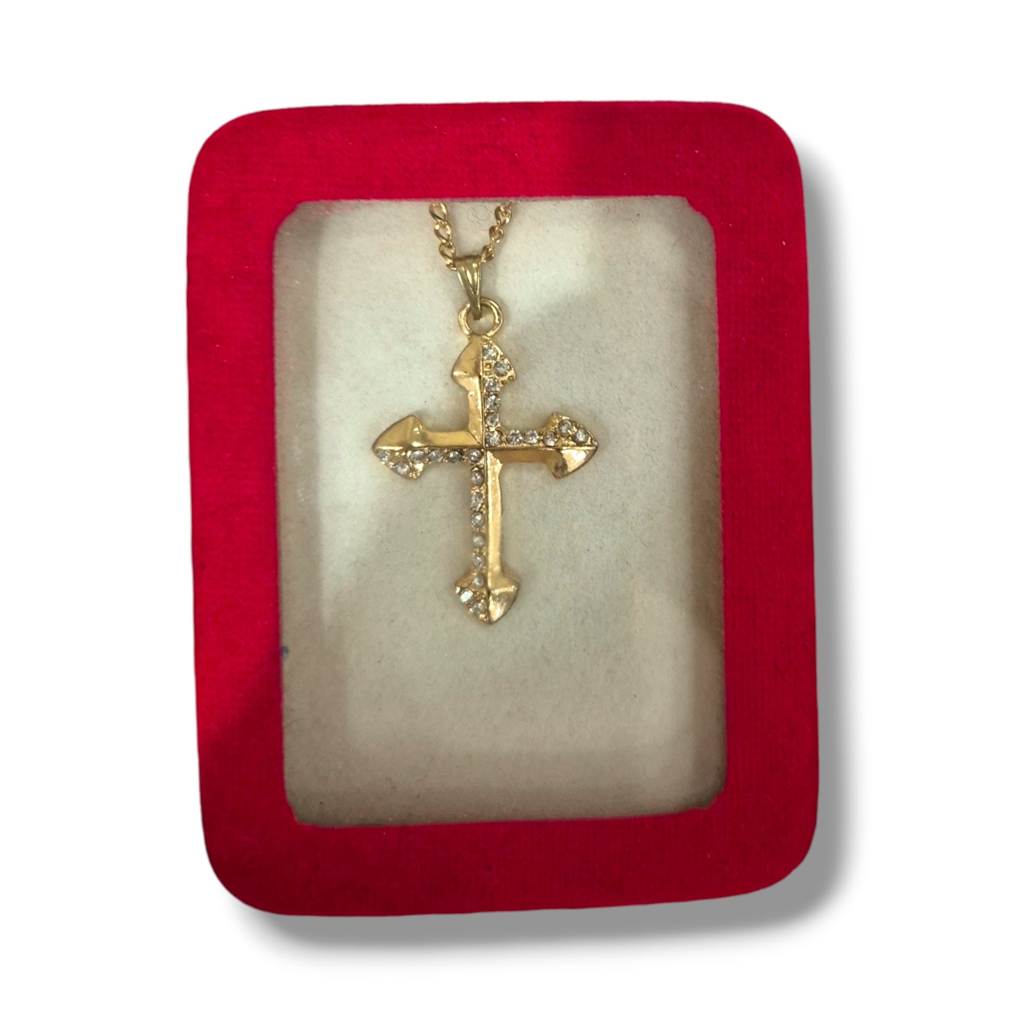 Red Box Gold Cross CZ Necklace