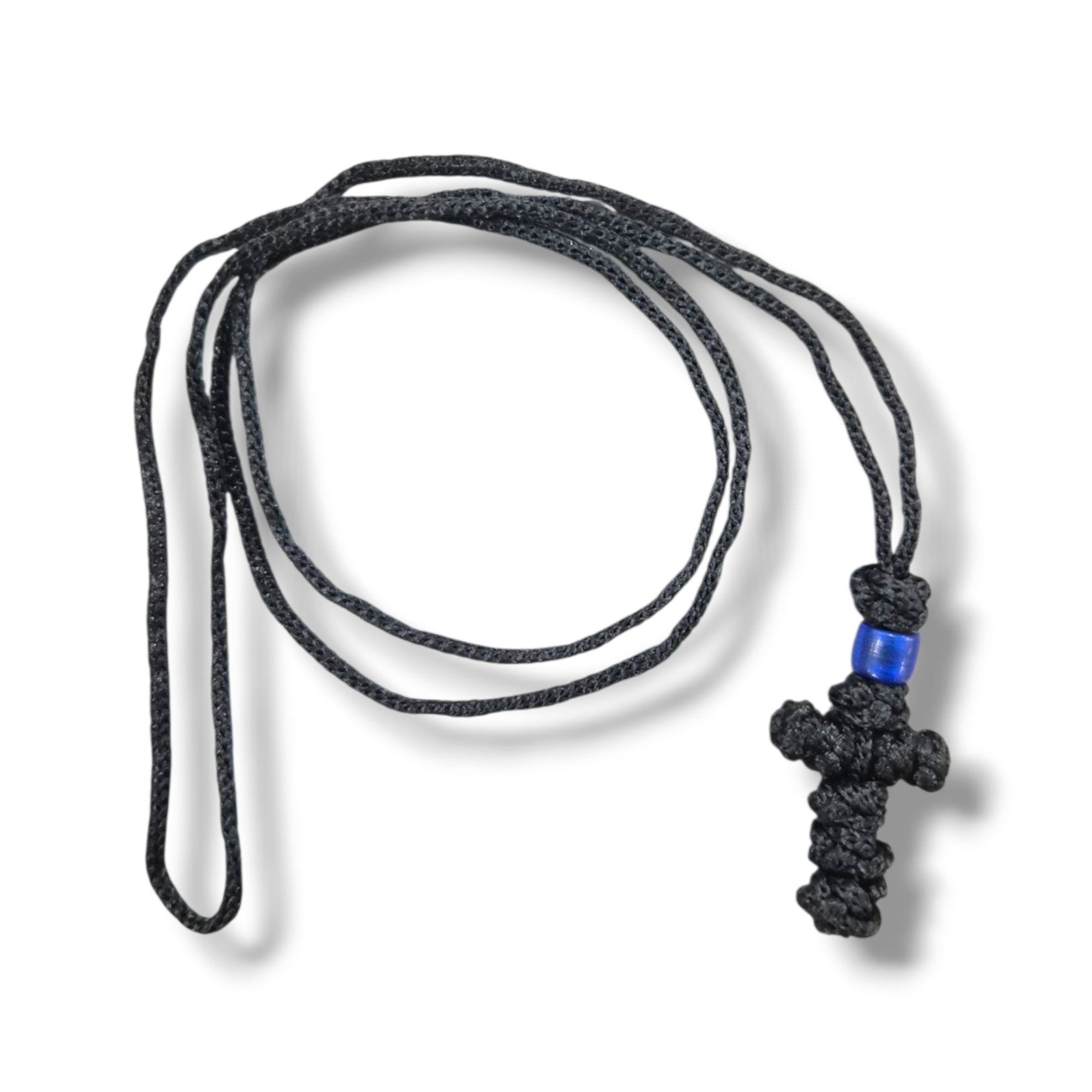 Mini Black Cross (Blue Bead) on Rope