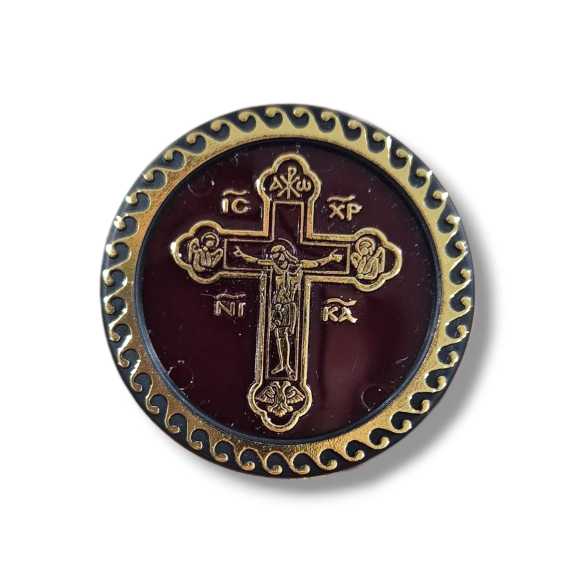 Round Crucifix Burghundy and Gold Magnet