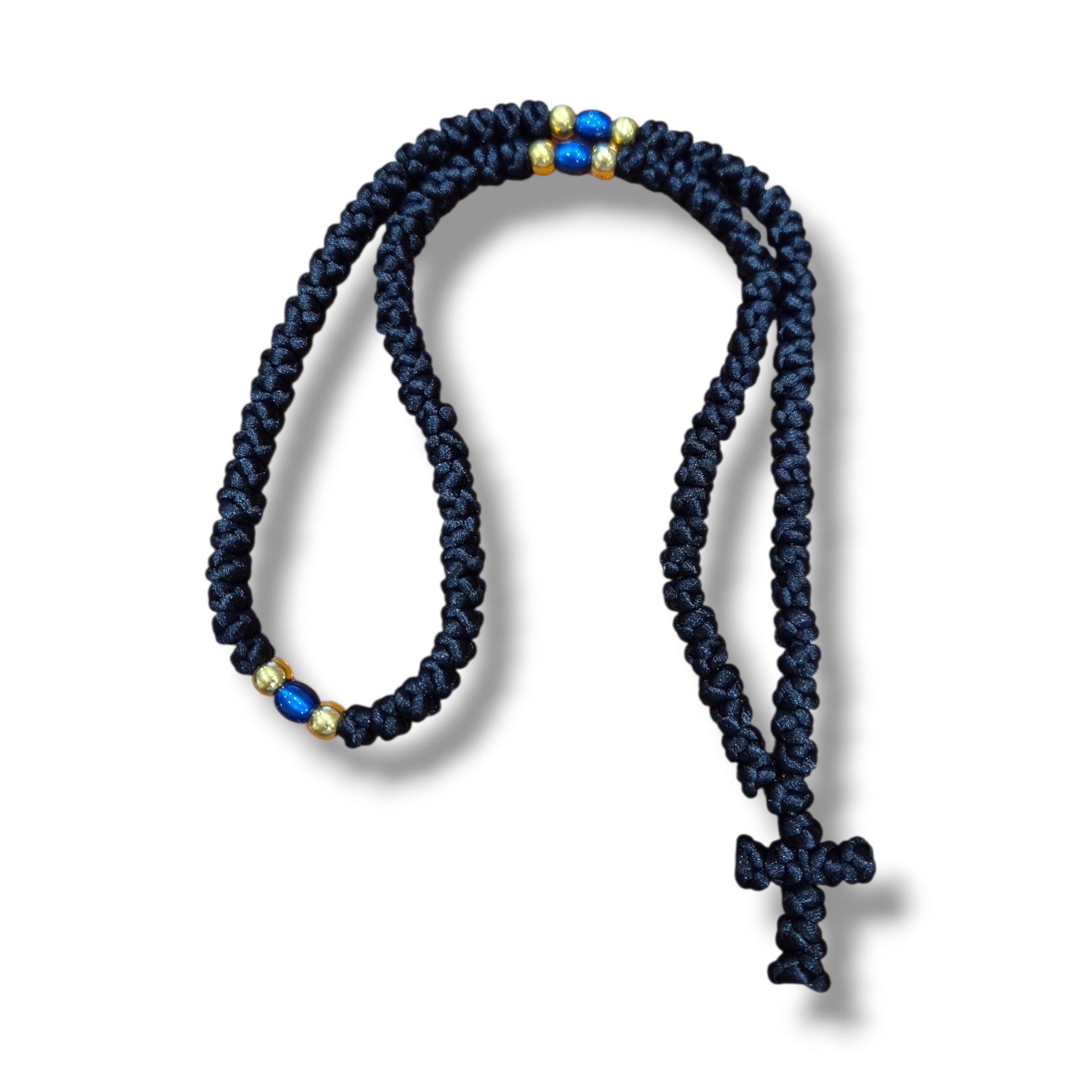 100 Knot Black/Blue Bead Bead Cross Prayer Rope