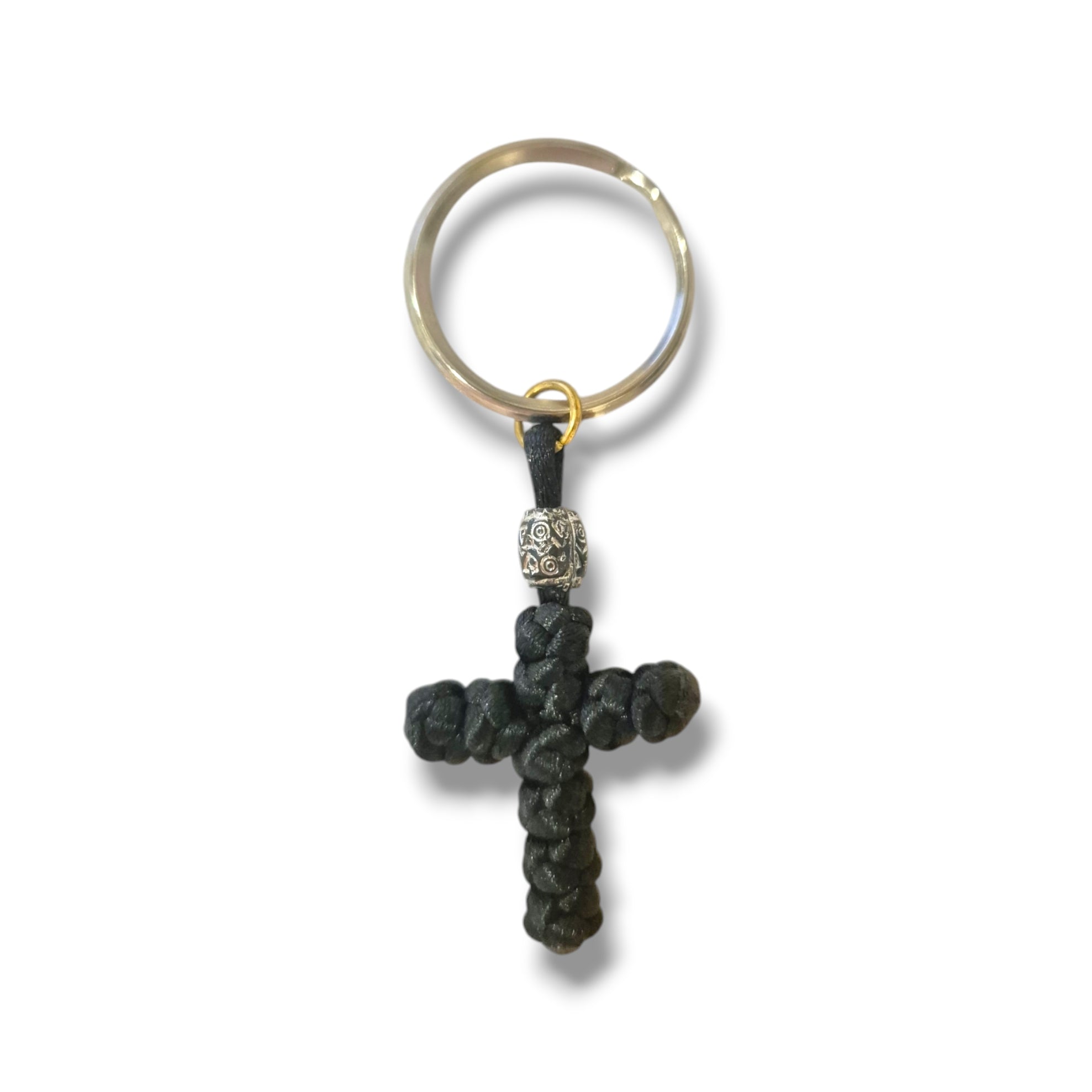 Black Rope / Silver Bead Cross Keychain