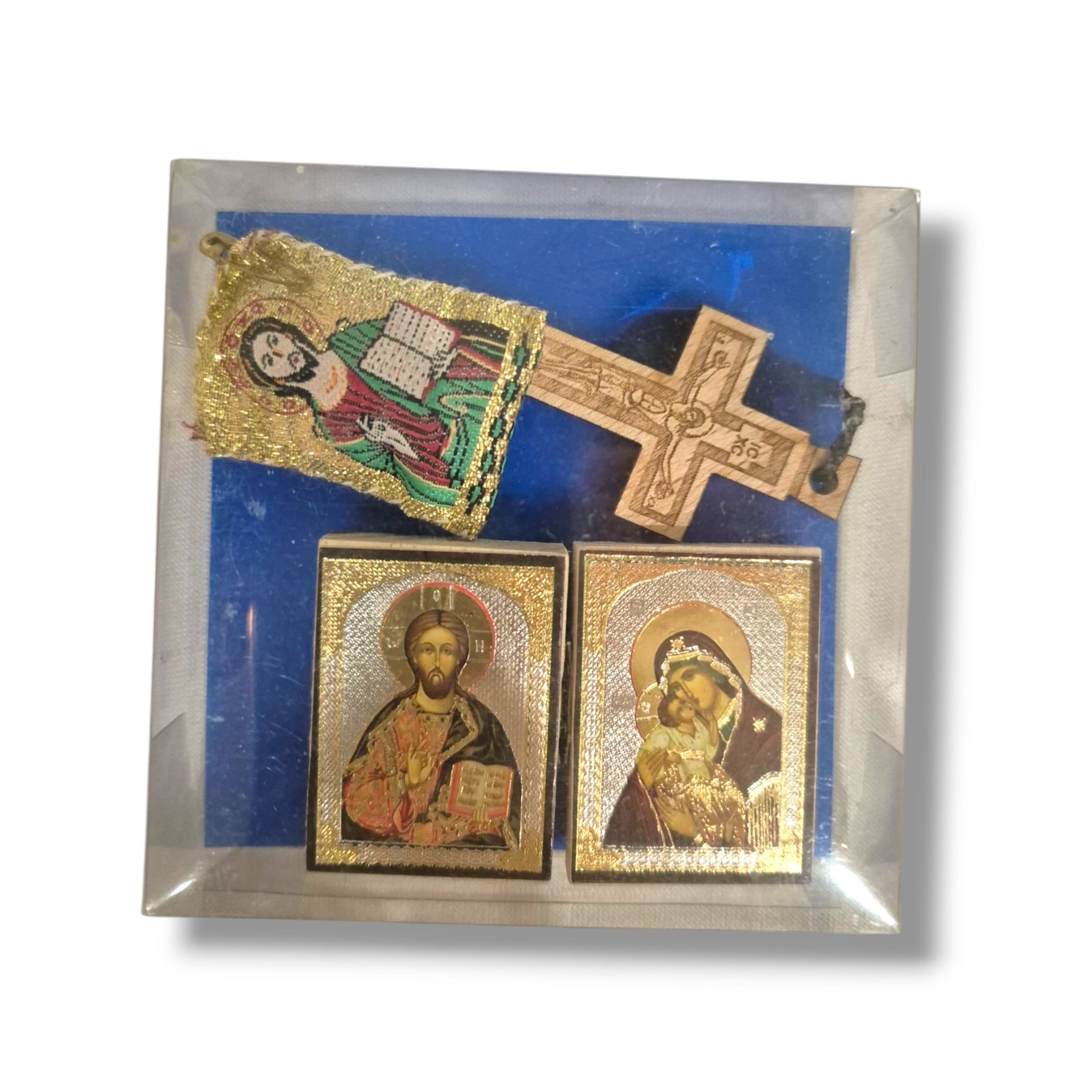 Diptych (Christ and Theotokos), Prayer Pin (Filakto) & Cross Necklace Set