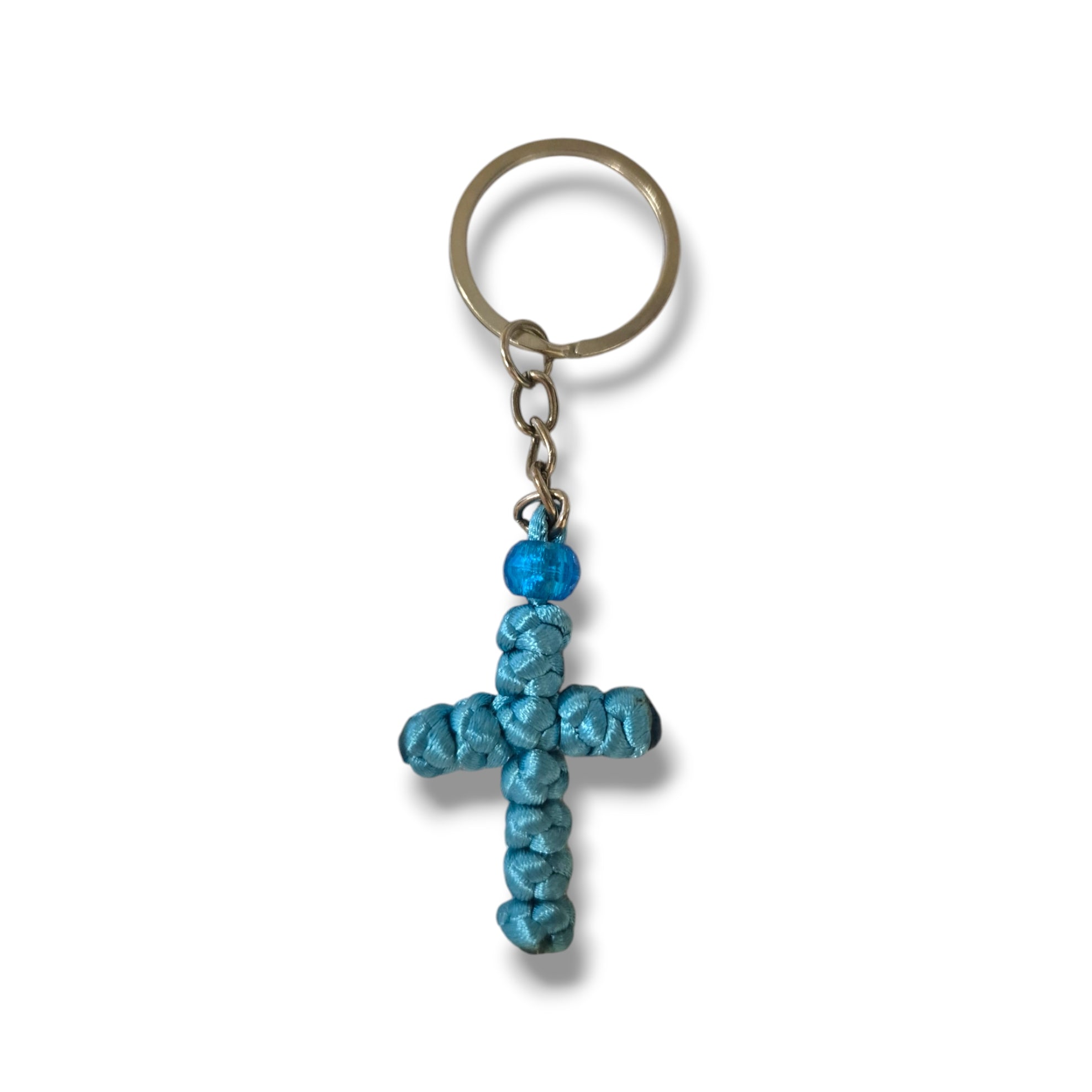 Light Blue Rope / Blue Bead Cross Keychain