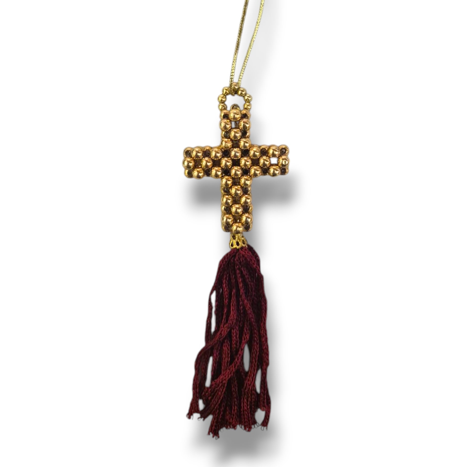Gold Beaded Cross with Burghundy Tassel Keyring