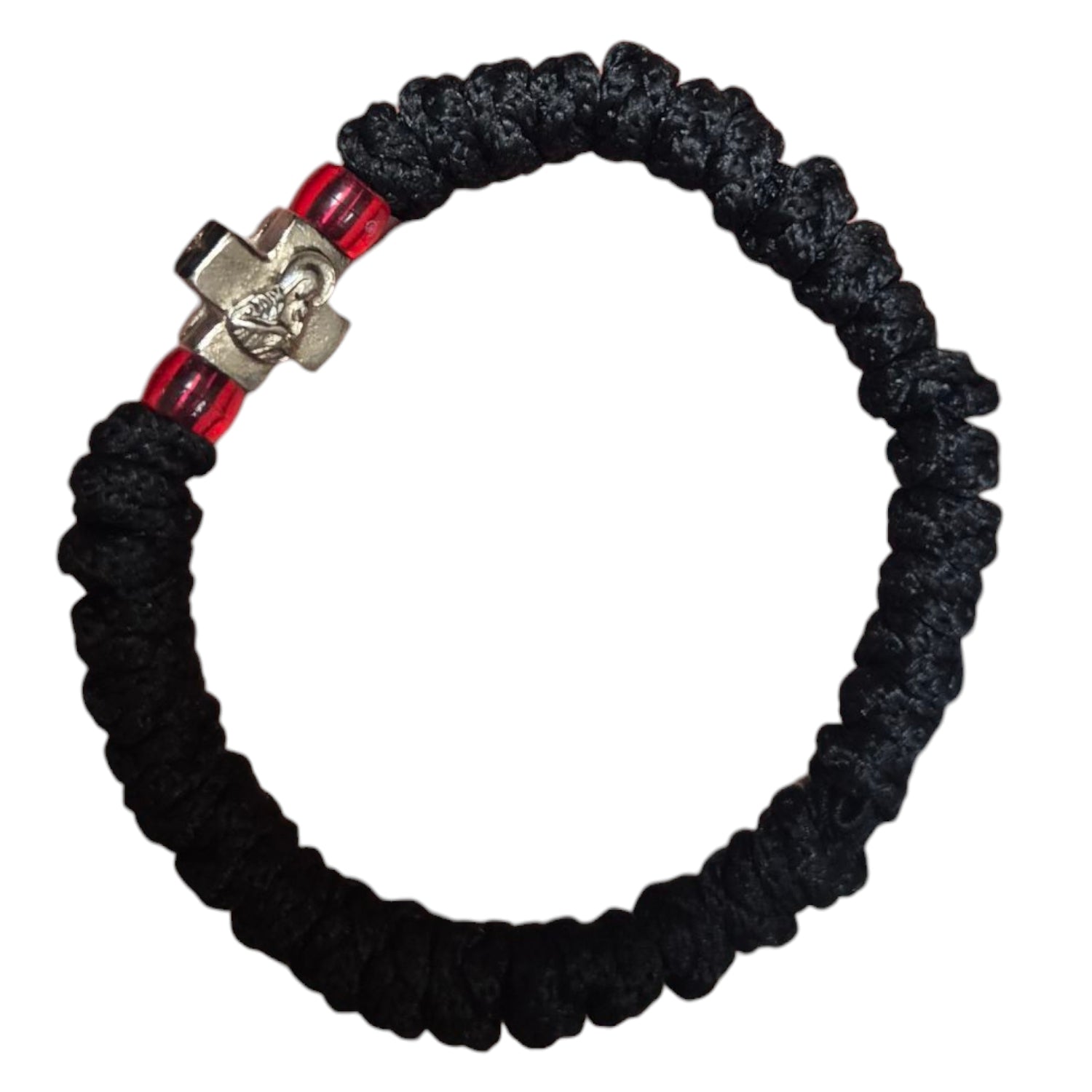 33 Knot Thick Black Rope + Silver Cross Bracelets