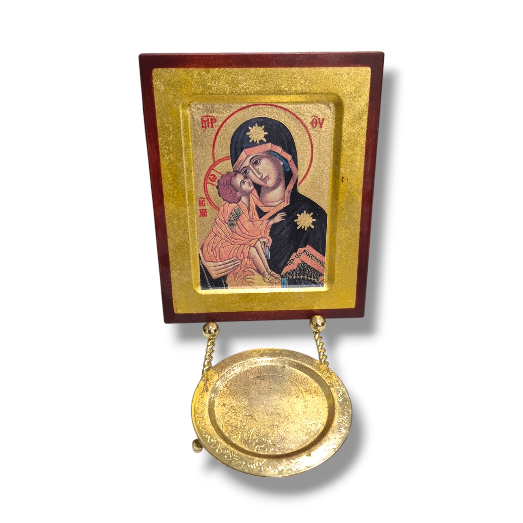 Theotokos Icon with Gold Tealight Candle Holder and Stand
