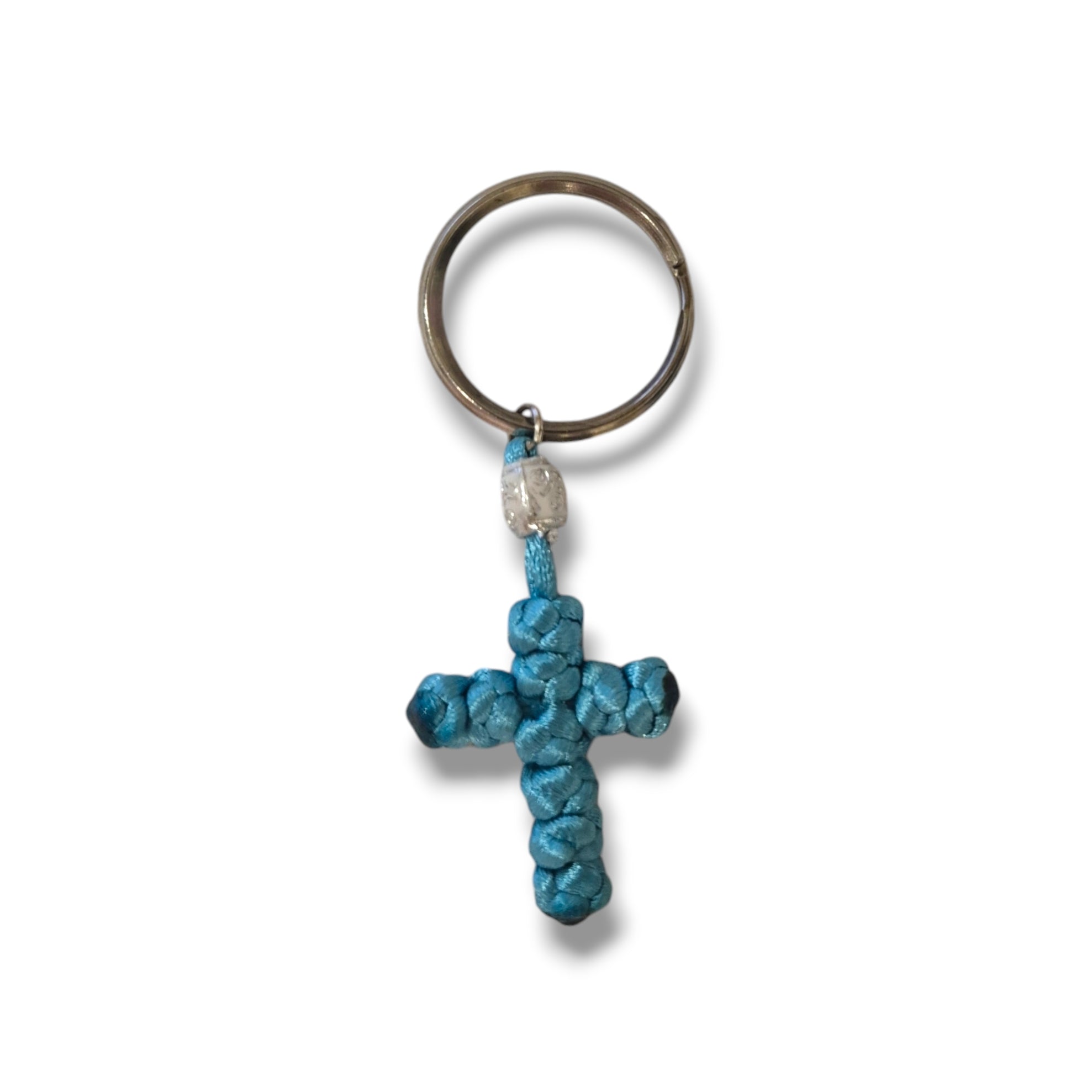 Light Blue Rope / White Bead Cross Keychain
