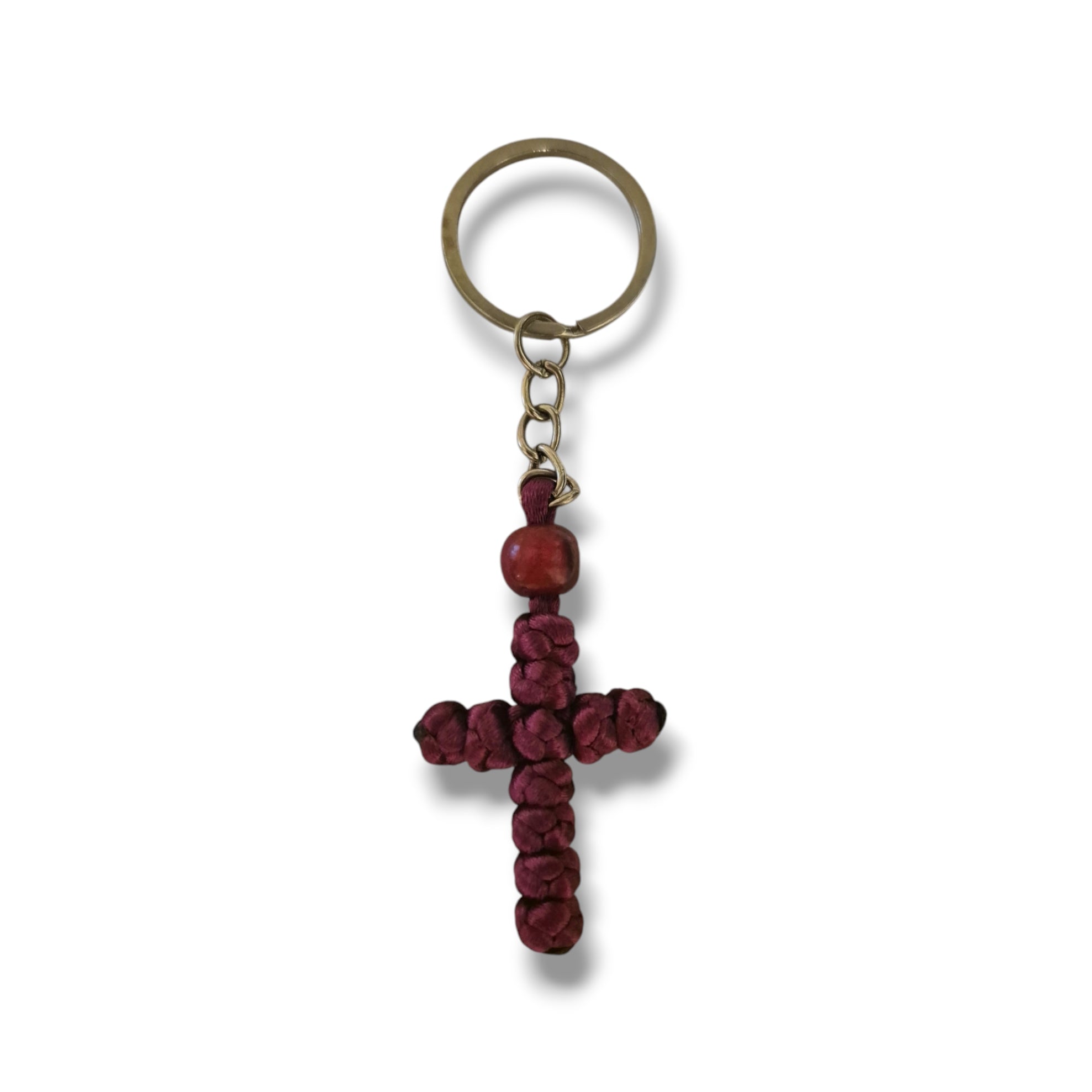Burghundy Rope / Red Bead Cross Keychain