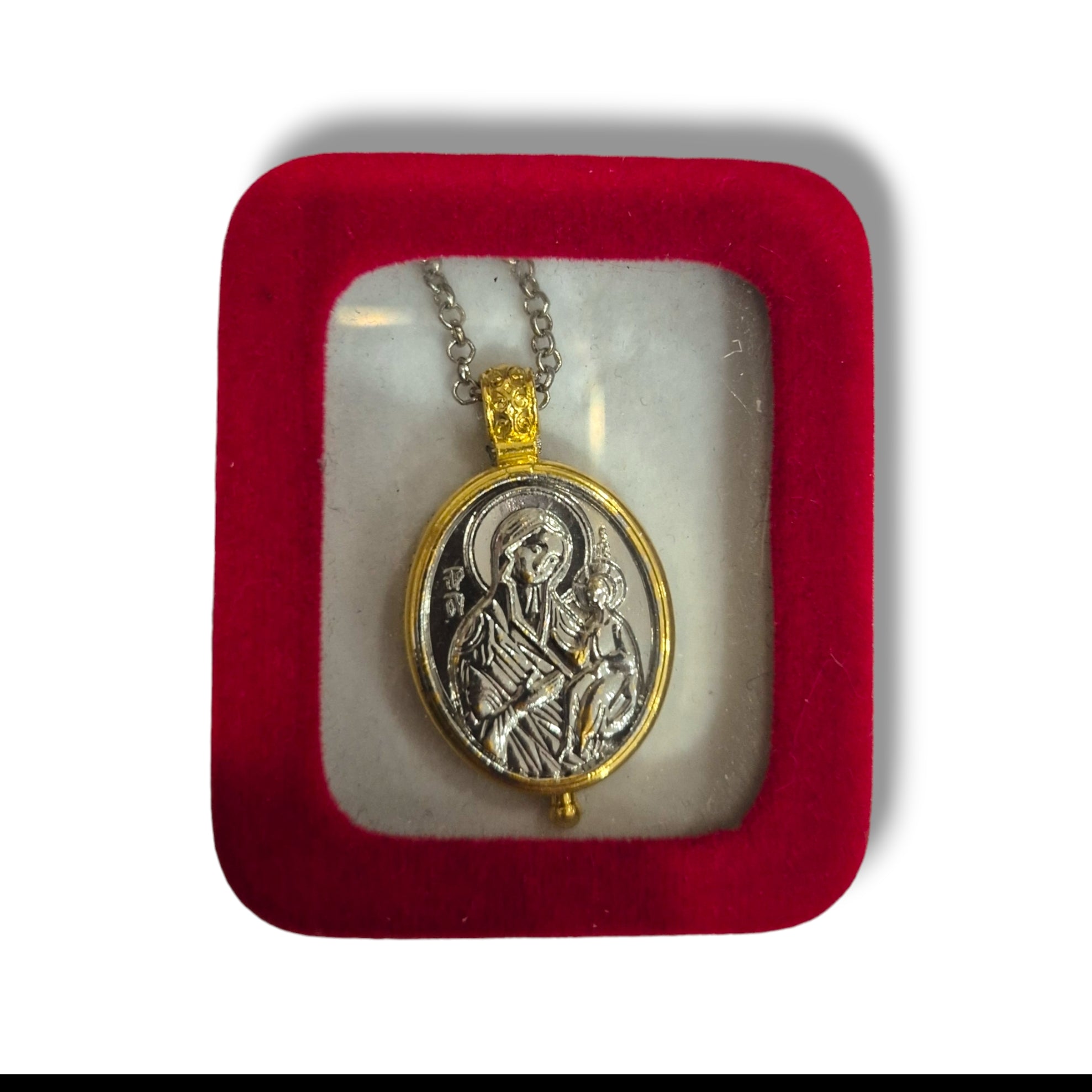 Red Box Gold and Silver Theotokos Relic Locket Necklace