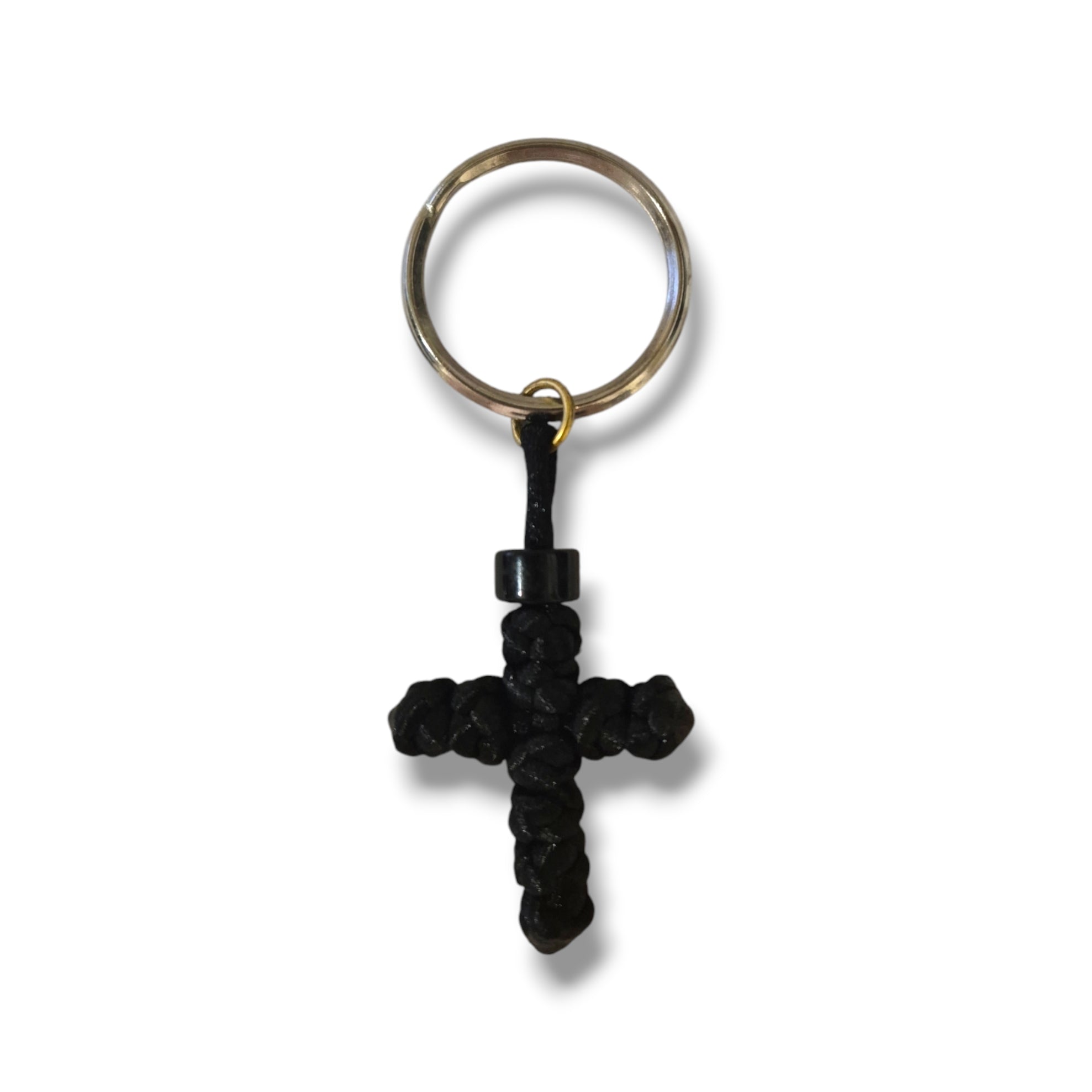 Black Rope / Black Bead Cross Keychain