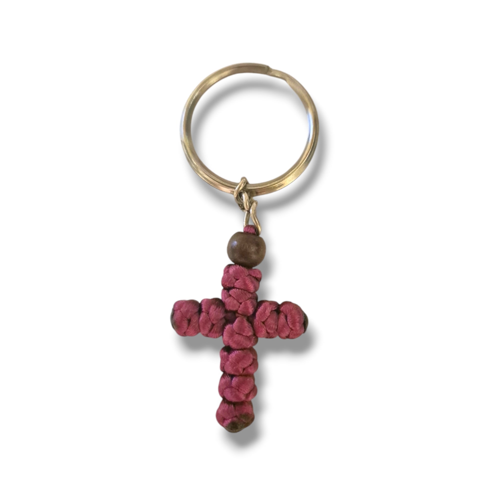 Burghundy Rope / Brown Bead Cross Keychain