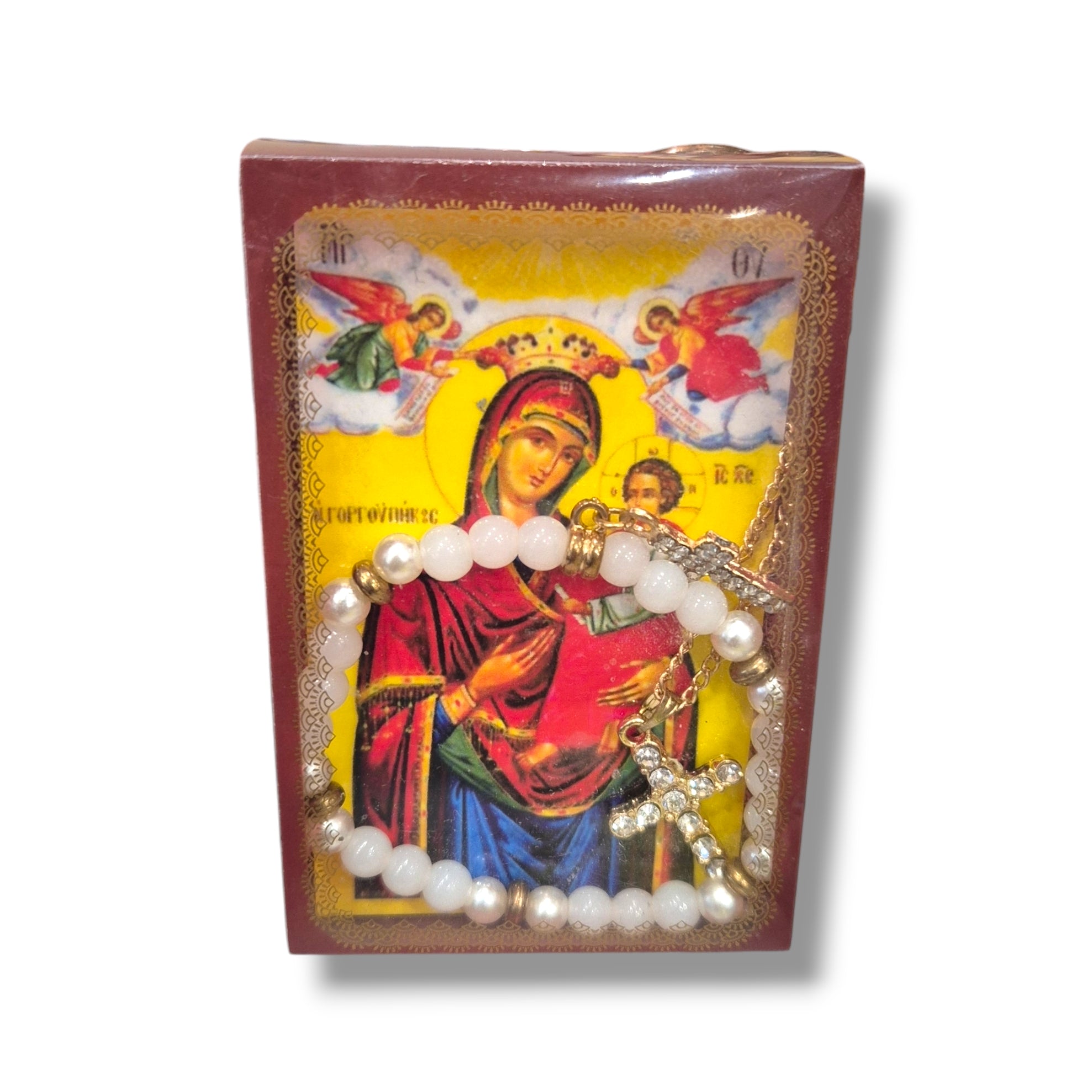 Theotokos, Gold Cross and Bracelet Boxed